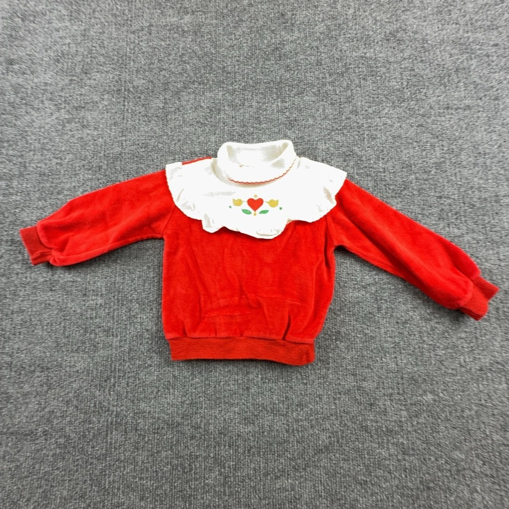 Vintage Healthtex Sweater Girls 2T Red Velour Mock Neck Heart Birds Ruffle Bib